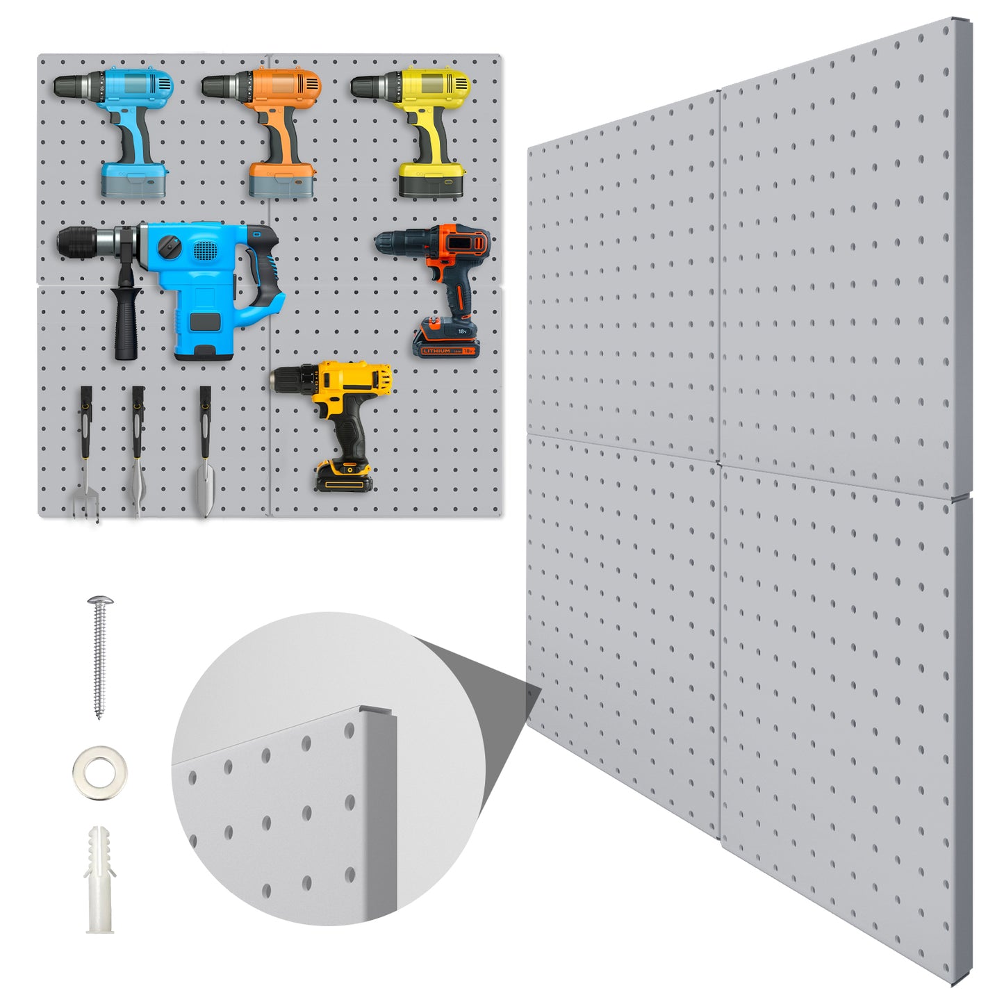 Peg Board, 4 Pack Metal Pegboard Panels Grey Pegboards Wall Organizer with Bent Frame Large Heavy Duty Peg Board for Walls Home, Garage Tool Storage, Office Organization, Craft Room, Kitchen