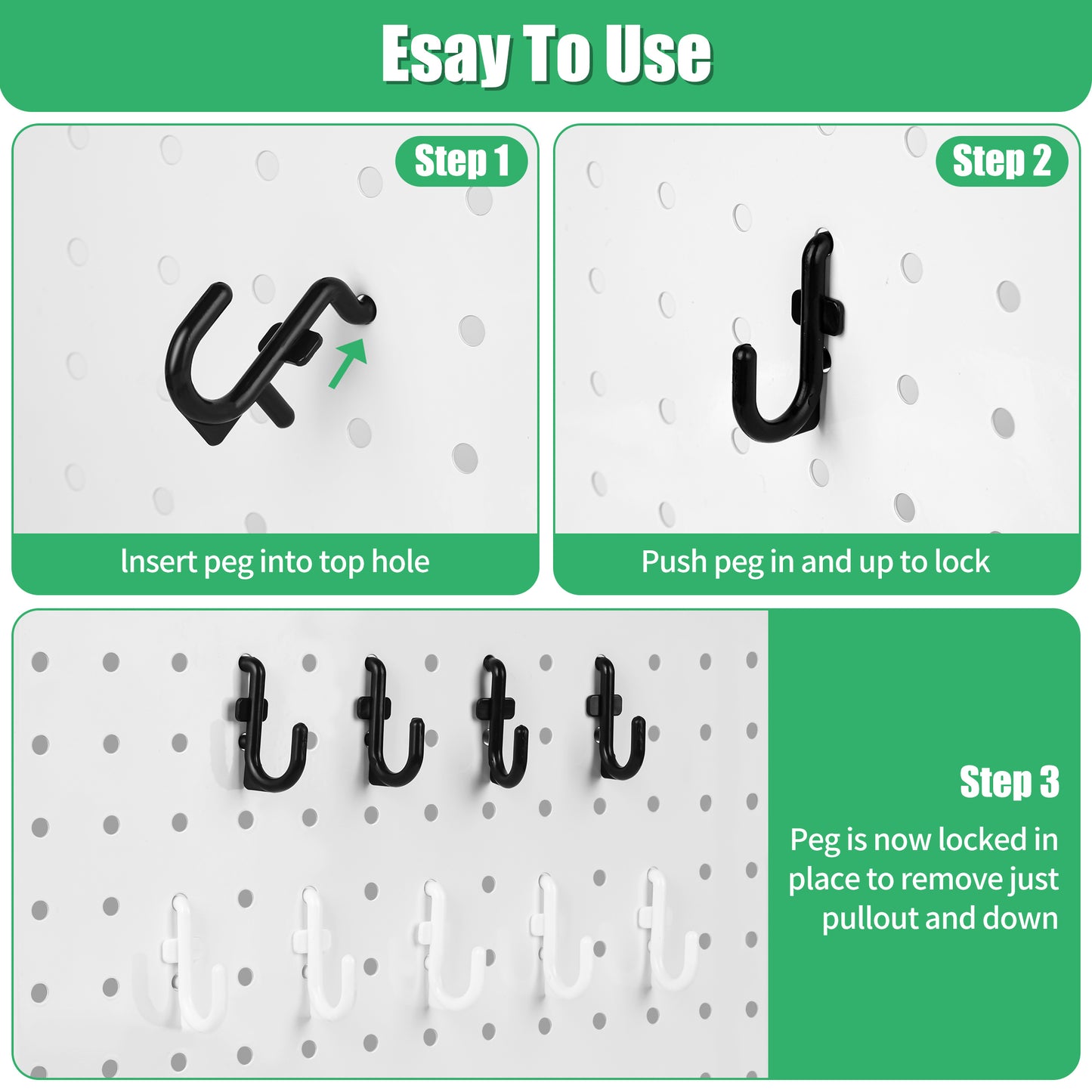 Pegboard Hooks 100-Packs, J Shape Peg Hooks,1 / 4 "Plastic Pegboard Hooks for Pegboard ,Peg Hook Accessories for Garage, Office, Kitchen, Store