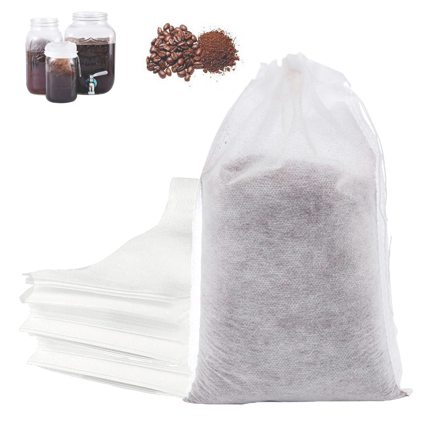 No Mess Cold Brew Bags, 60PCS Cold Brew Coffee Filters 6”x 10” Disposable French Press Filter Bags Fine Mesh Brewing Bags with Drawstring for Iced Coffee Maker Hot Tea in Mason Jar or Pitcher