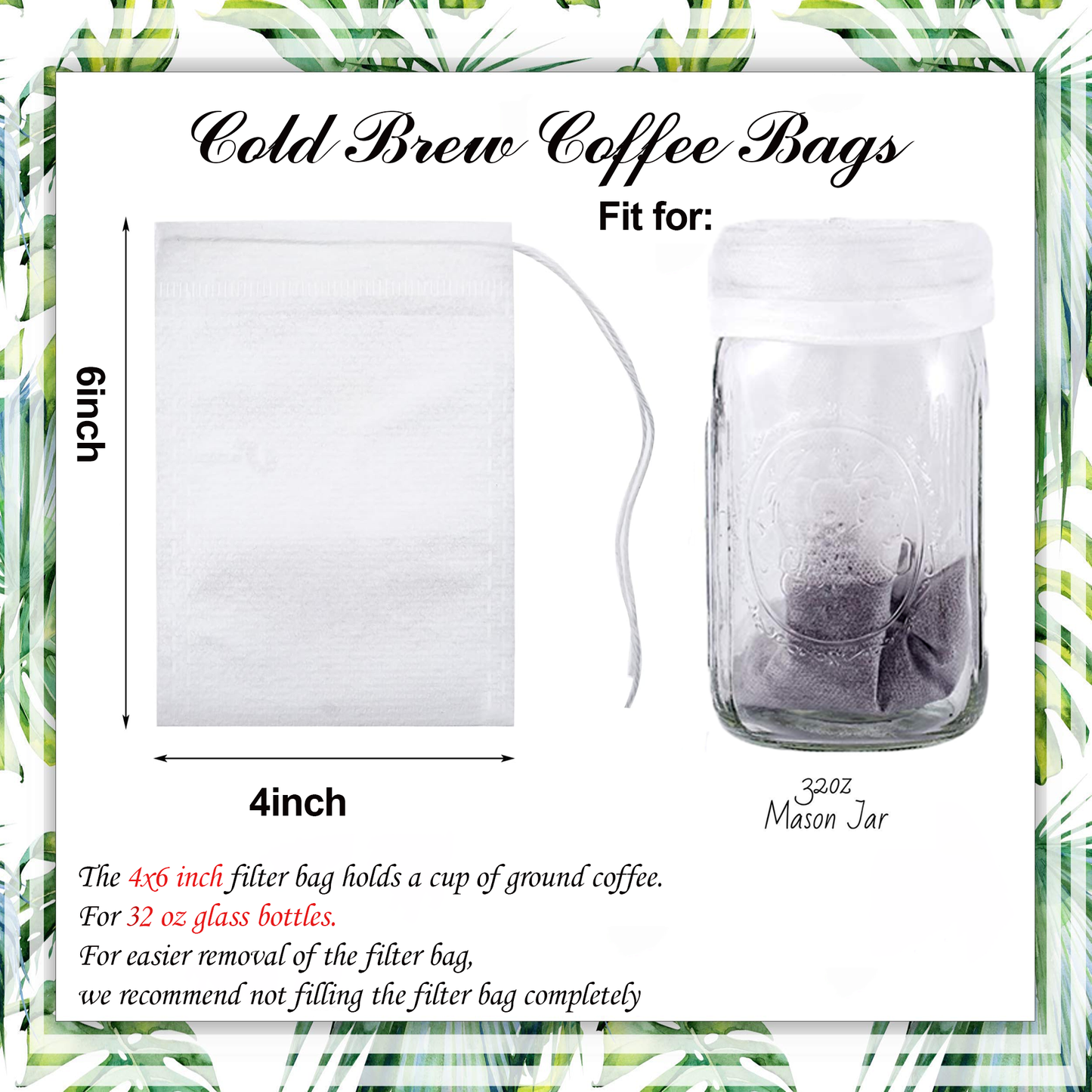 No Mess Cold Brew Bags, 120PCS Cold Brew Coffee Filters 4”x 6” Disposable French Press Filter Bags Fine Mesh Brewing Bags with Drawstring for Iced Coffee Maker Hot Tea in Mason Jar or Pitcher